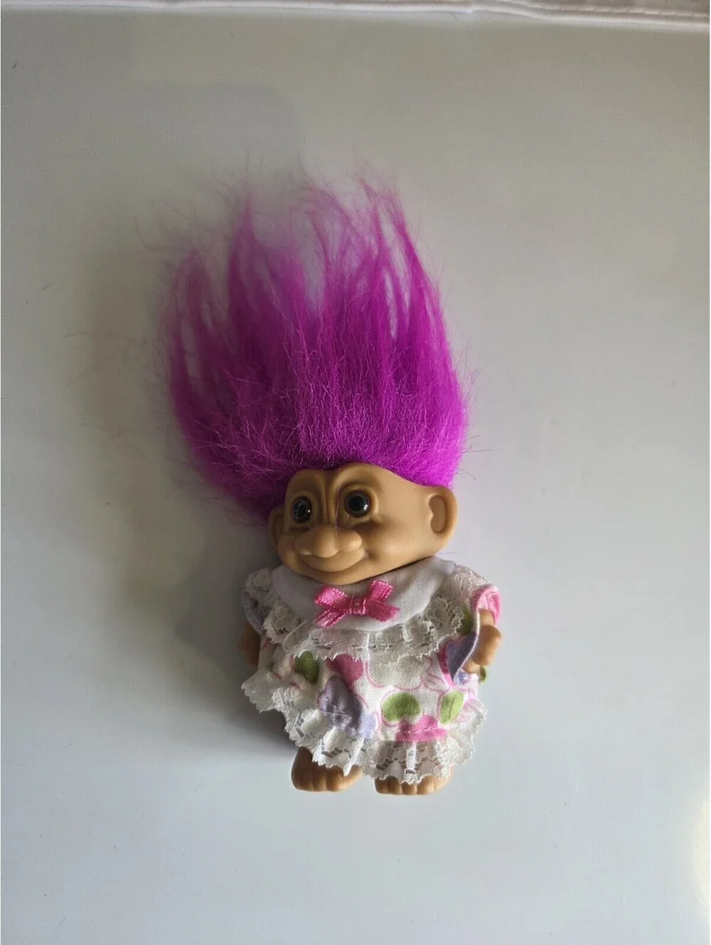 Vintage Russ Berrie Troll Doll W/Floral Dress & Pink Hair 4.5